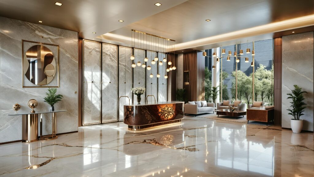 pexels-photo-27675673-27675673 Elegant hotel lobby featuring marble floors, modern chandeliers, and sleek furniture.